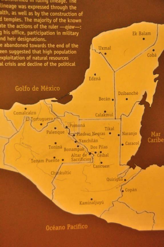 Mapa mostrando a região da civilização maya, no museu das ruínas de Palenque, em Chiapas, no sul do México